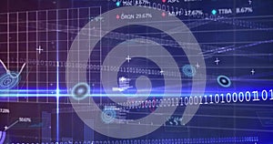 Displaying bright binary code beam flowing through data display, with line graphs and ticker labels