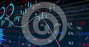 Displaying centered dashboard updating on dark navy screen, with cyan candles, line graphs