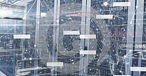 Displaying centered row of server racks glowing with status LEDs in data center, digital overlay