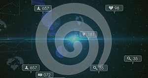 Displaying central bright blue lens flare and UI cluster over starfield, with location pin 181