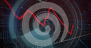 Displaying central radar grid showing red jagged trend line on HUD screen, with blue sector