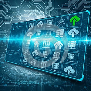 Displaying cloud computing and data management icons on a virtual