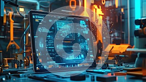 Futuristic control panel monitoring automated machinery in high tech factory