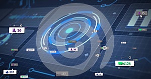Displaying concentric circular HUD on tilted grid plane, showing badges 6126 237 55 16 and cursor