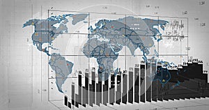 Displaying 3D chart overlaying world map with bar charts on perspective grid, showing data icons