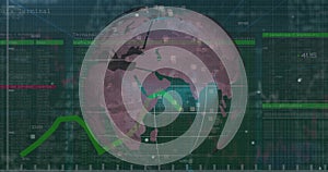 Displaying 3D data globe on dashboard with network lines over code grid and green graphs