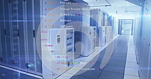 Displaying data center corridor stretching between server cabinets and racks, with code overlay