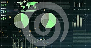 Displaying data dashboard on dark screen, with world map, pie charts, metrics and bar chart overlay