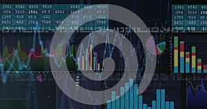 Displaying data dashboard on screen, with numeric tables, line graph, pie chart and bar charts