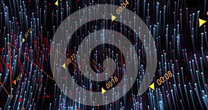 Displaying data interface on digital display with bars, nodes, zigzag lines, pointers and timecodes