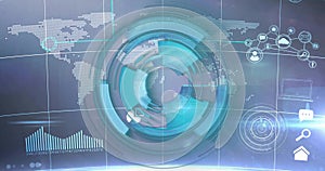 Displaying data visualization at computer interface, dotted world map and bar graph, tech icons