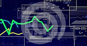 Displaying data visualization dashboard interface in analytics software, with neon green line chart
