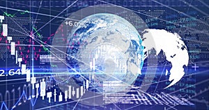 Displaying digital Earth globe hovering in data interface with candlestick charts and binary code