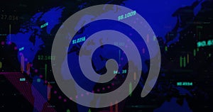 Displaying digital world map with numeric data labels on trading platform, with candlestick bars