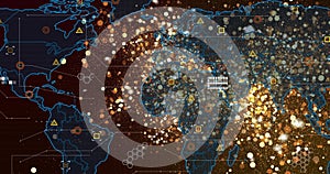 Displaying digital world map showing glowing data points and network lines on interface, with icons