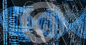 Displaying DNA double helix twisting in digital interface, with programming code and data streams