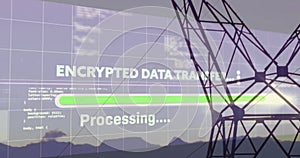 Displaying encrypted data transfer screen over dusk hills with progress bar, grid overlay and tower