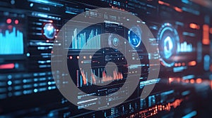 Displaying futuristic data analytics dashboard interface with information and charts