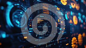 Displaying futuristic digital interface with data processing modules