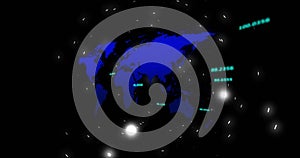 Displaying glowing blue world map on dark data dashboard, with floating numeric coordinates