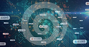 Displaying glowing digital network in dark digital interface, with floating data labels and nodes