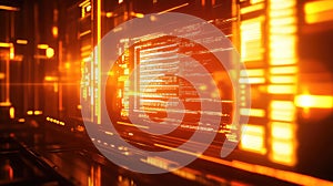 Displaying glowing orange digital code and data flowing