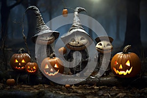 Displaying of the Halloween holiday with black witch dolls arved pumpkins, and jack-o-lanterns.