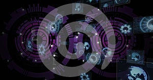 Displaying hologram panels and HUD rings floating in virtual space, with code snippets and nodes
