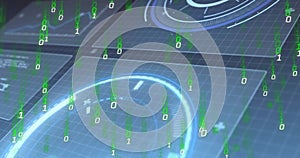 Displaying holographic interface streaming binary code on dark grid, with circular panels