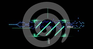 Displaying neon-green frame on screen, corner arrows, slanted bars, blue streams, labels 1227,2466