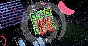 Displaying neon green and red QR code graphic floating over dark grid, with pink pie segment
