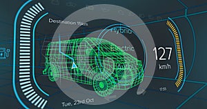 Displaying neon-green wireframe van model on virtual grid, with speed readout, drive mode labels