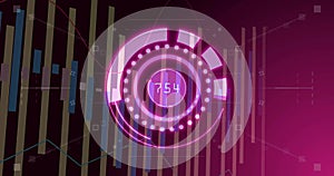 Displaying neon pink circular HUD with rings, numeric 754 in digital interface with bar charts