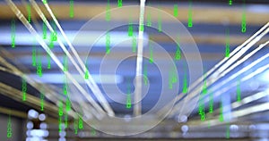 Displaying network cables carrying green binary code in server room corridor, technical scene