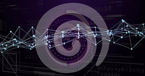 Displaying network graph visualization in digital interface with blue nodes, HUD overlay and lines