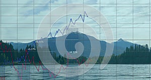 Displaying peak reflecting at mountain lake, with grid, blue-red line graphs and percentage markers
