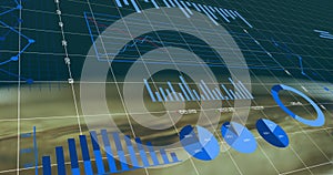 Displaying pie, bar and line charts in 3D grid interface, with percentage and numeric labels