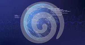 Displaying Planet Earth rotating in outer space, showing sinewave lines, code readouts, grid halo