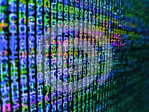 Displaying program code on computer. Binary code digital technology background. Digital technology on display. Background of