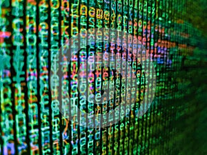 Displaying program code on computer. Binary code digital technology background. Digital technology on display. Background of