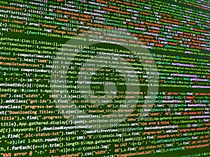 Displaying program code on computer. Monitor close up. Software developer programming code. Website development. Coding,