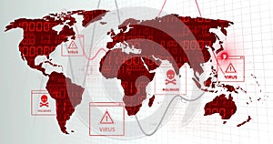 Displaying red global map in cybersecurity UI, with binary code, line charts, virus or malware alert