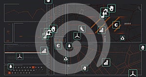 Displaying right-side map panel showing geolocated metrics on dark dashboard, with teal icons