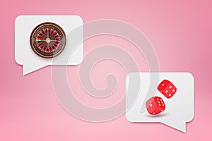 Casino roulette and dice in speech bubbles on pink photo