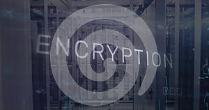 Displaying server racks running inside data center with circuit boards and floating encryption text
