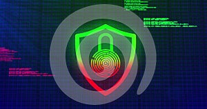 Displaying shield icon merging padlock and fingerprint on cybersecurity interface, binary streams