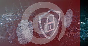 Displaying shield icon with padlock overlaying network map, with fingerprint scans