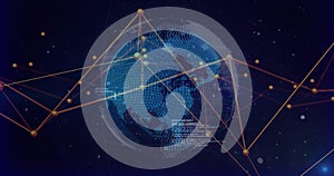 Displaying stylized blue pointcloud globe rotating on digital display, with orange nodes and lines