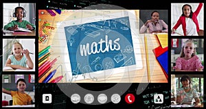 Displaying tablet showing maths presenting lesson in virtual class, with pencils interface icons