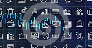 Displaying teal candlesticks and blue trend line on digital dashboard, with finance icons